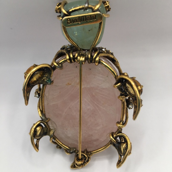 IRADJ MOINI Vintage Costume Jewelry Large Turtle Gemstone Brooch Pin Pink Quartz - Picture 6 of 11